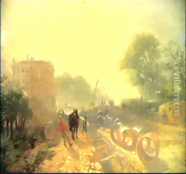 Laying Monster Tubes From The New River, Foggy Morning Oil Painting - James Baker Pyne
