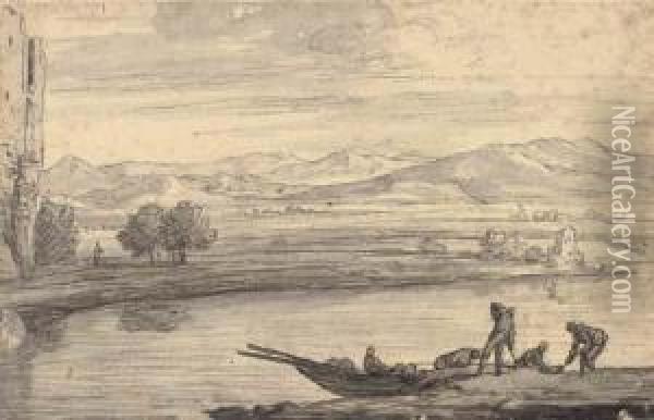 An Italianate Landscape With Boatmen On A River Oil Painting - Adriaen Manglard