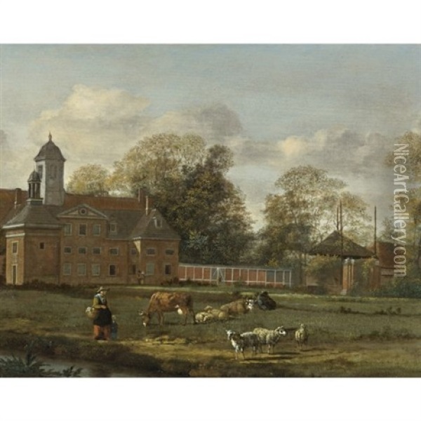 View Of Goudestein With A Woman And Child Walking Beside A Dyke Oil Painting - Jan Van Der Heyden