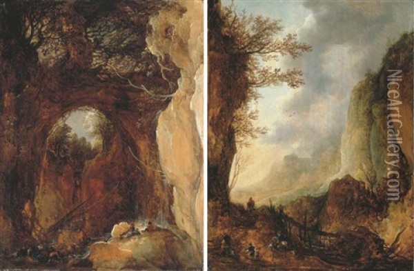 A Mountainous Wooded Grotto With Figures Resting And Catching Fish By A Waterfall (+ A Mountainous Landscape With Travellers On A Path With A Bridge; 2 Works) Oil Painting - Joos de Momper the Younger