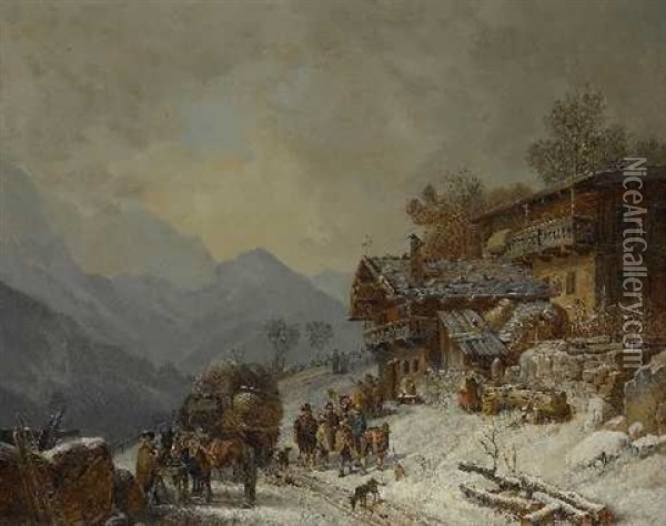 Winterlicher Bauernhof Mit Fuhrwagen Und Einer Gruppe Von Bauern Mit Schneeschaufeln Oil Painting - Heinrich Buerkel