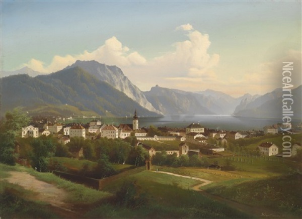 Blick Auf Gmunden Und Schlos Orth Am Traunsee Oil Painting - Johann Wilhelm Jankowski