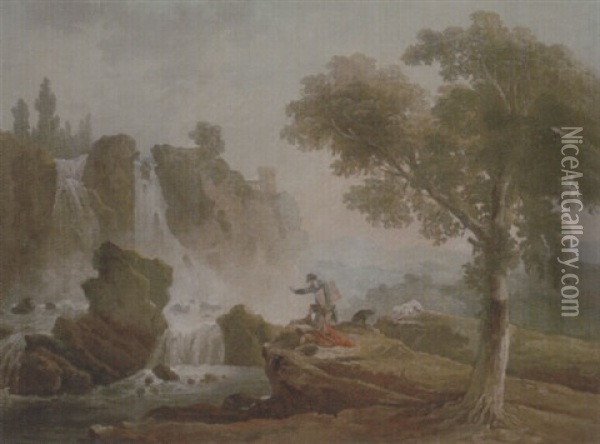 Rome, A View Of The Falls At Tivoli With Two Artists Sketching From A Promontory Oil Painting - Hubert Robert