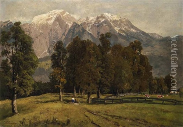 Schonau Bei Berchtesgaden Oil Painting - Josef Schoyerer