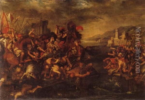 Horatius Cocles Fighting The Estruscan Forces Oil Painting - Stephan Kessler