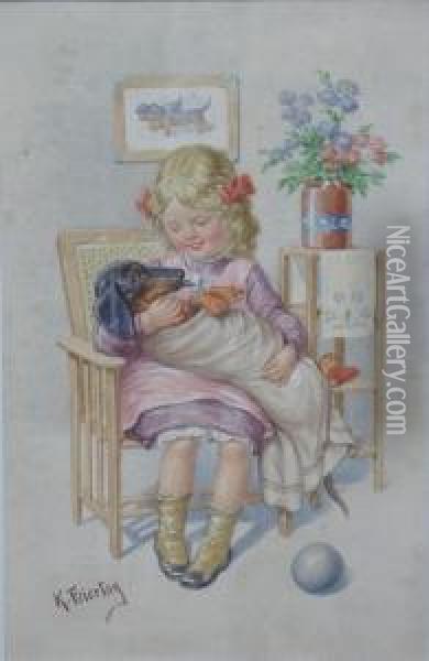 Kleinesmadchen Mit Ihrem Dackel Auf Dem Schos Oil Painting - Karl Feiertag