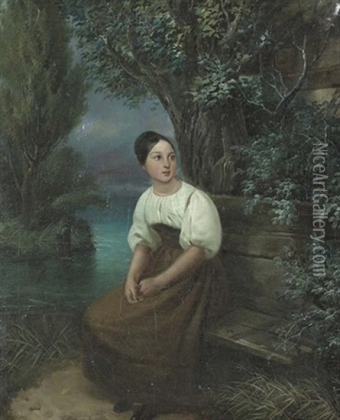 Portrat Einer Jungen Frau An Einem See Oil Painting - Joseph Simon Volmar