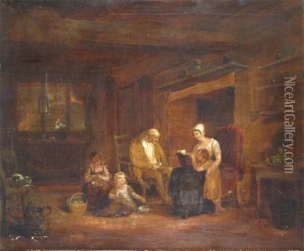 A Family In A Cottage Interior Oil Painting - Maria Spilsbury