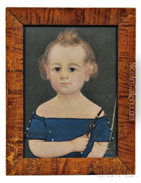 Portrait Of A Child In A Blue Dress Holding A Riding Crop Oil Painting - William Matthew Prior