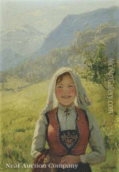 Young Girl In Festive Regional Costume, In A Meadow With Farm And Mountains Behind Oil Painting - Hans Dahl