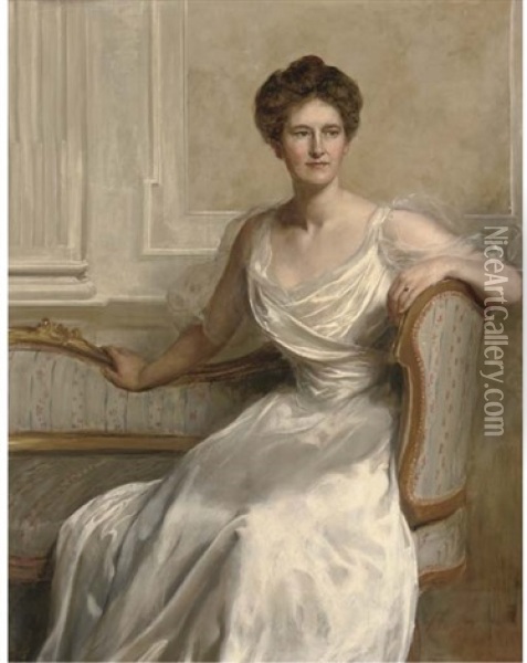 Portrait Of Mary Frances Wilson, Seated Three-quarter-length, In A White Dress, In An Interior Oil Painting - John Collier