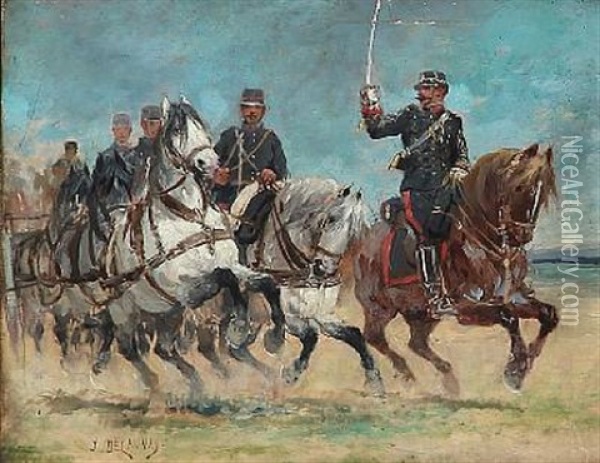 French Soldiers In Horseback Oil Painting - Jules Delaunay