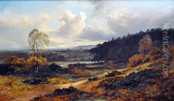 Panoramic River Valley Scene With Castle Tower In The Centre Oil Painting - Clarence Henry Roe
