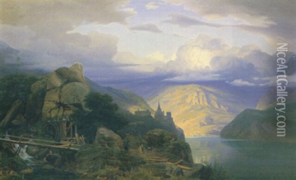 Gebirgslandschaft Mit See Und Burg Oil Painting - Rudolf Von Normann