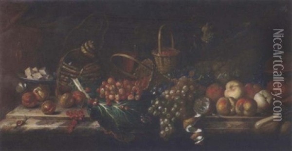 Strawberries, Peaches, Grapes, Melons, Redcurrants, A Partly-peeled Lemon, A Dish Of Cheese, A Bottle And Glass Of Wine On A Marble Ledge, With A Snail And A Butterfly Oil Painting - Agostino Verrocchi