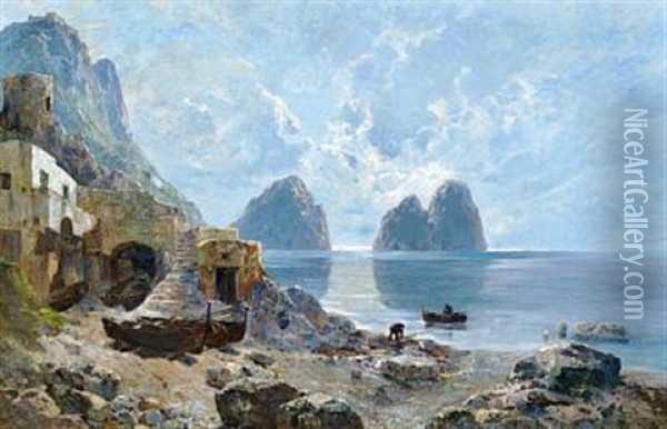 The Rocky Coast Of Capri With The Faraglioni In Morning Light Oil Painting - Enrico (Ulrico) Pistilli