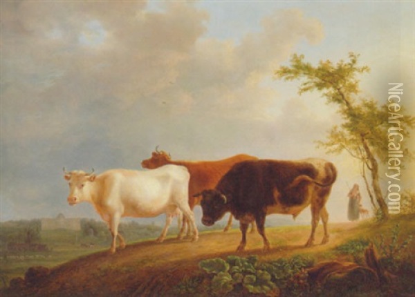 A Drover With Cattle On A Track, The Palace Of Larckeaw Beyond Oil Painting - Jean-Baptiste De Roy