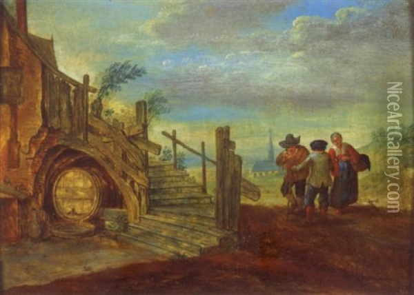 Trois Paysans Pres De L'escalier D'une Chaumiere Oil Painting - Andreas Martin