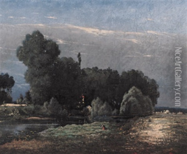 Besonnte Flusslandschaft Mit Malerischer Baumgruppe Und Personenstaffage Oil Painting - Auguste Grasset