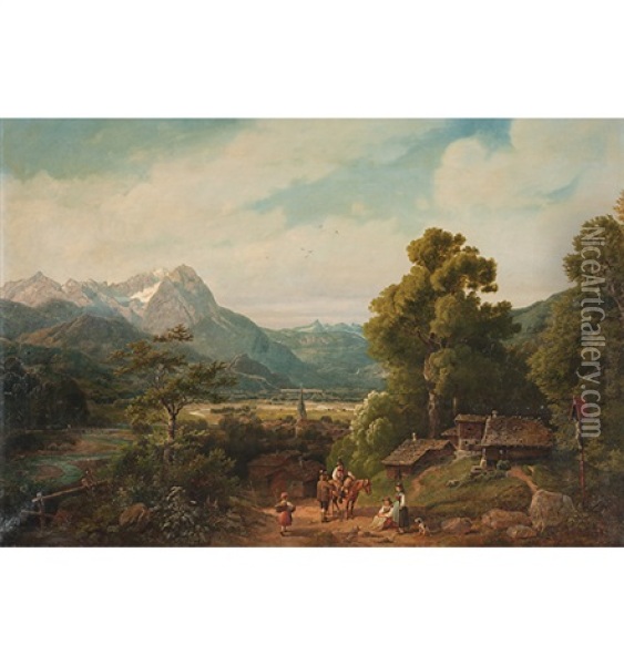 Kleines Dorf Im Tal Mit Wegkreuz Und Bauersleuten Im Gesprach Oil Painting - Johann Baptiste Heinefetter
