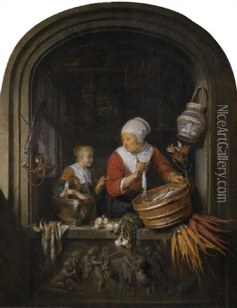 Eine Heringsverkauferin Mit Dienstmadchen In Einer Nische Oil Painting - Gerrit Dou