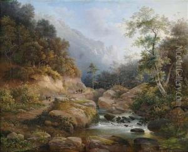 Mountainous River Landscape With Staffage Figures Oil Painting - Pieter Francis Peters