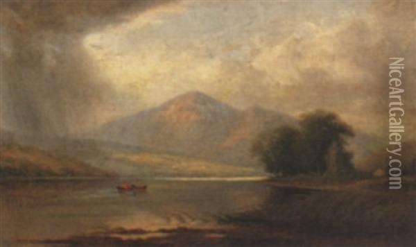 Figures In A Canoe With Approaching Storm Oil Painting - William Merritt Post