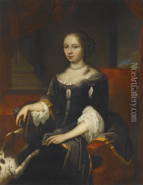 Portrait Of A Lady, Seated In A Luxurious Interior, With Her Dog Jumping Up Oil Painting - Caspar Netscher