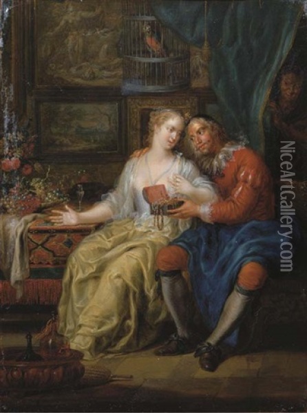 An Amorous Couple In An Interior Oil Painting - Franz Christoph Janneck