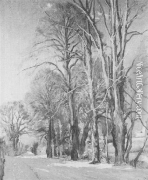 A Tree Lined Country Road In Winter Oil Painting - Viggo Pedersen