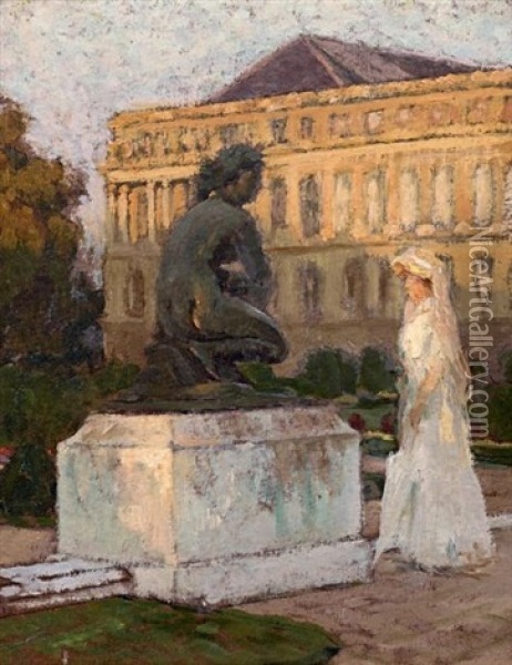 Femme En Robe Blanche Pres De La Venus Pudique Dans Le Parc De Versailles Oil Painting - Leonce J. V. de Joncieres