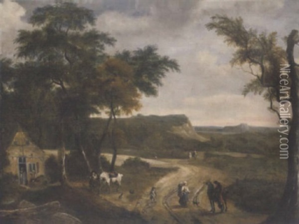 Travellers Conversing On A Pah With A Rider Watering His Horse Outside A Cottage In A Wooded Landscape, Mountains Beyond Oil Painting - Isaac Koene