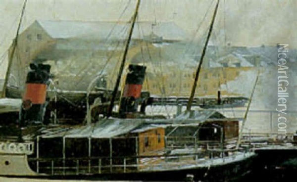 Fra Havnen I Christiania, (oslo) I Forgrunden Dfds Dampskib Oil Painting - Louis Maria Niels Peder Halling Moe