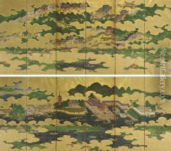 Hasedera Temple And Itsukushima Shrine Oil Painting - Kano Masunobu