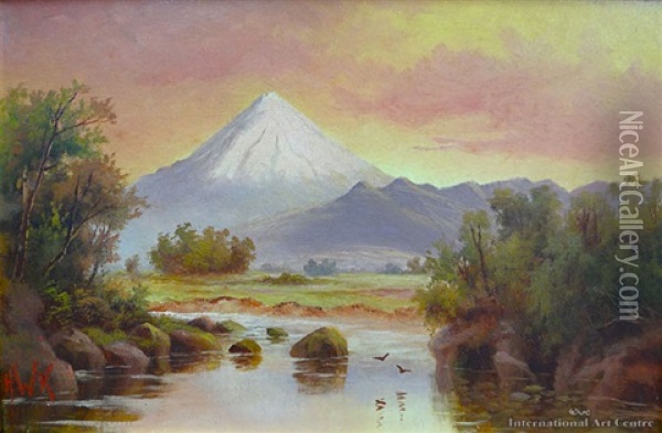 Mt Egmont Sunset Oil Painting - Henry William Kirkwood