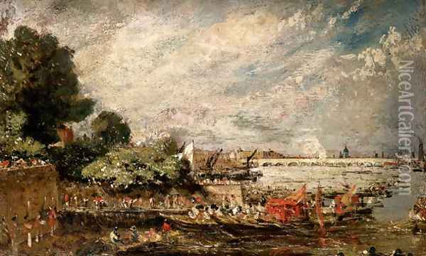 Waterloo Bridge from above Whitehall Stairs, c.1819 Oil Painting - John Constable