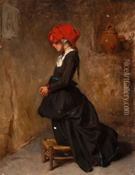 The Praying Peasant Girl Oil Painting - Alexandre Marie Guillemin