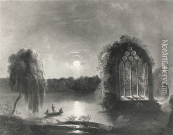 A Moonlit Lake Landscape With A Ruined Church And Boys Fishing From A Boat Oil Painting - Sebastian Pether