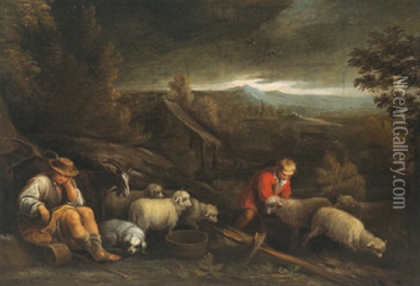 Pastori Con Gregge In Un Paesaggio Oil Painting - Jacopo dal Ponte Bassano