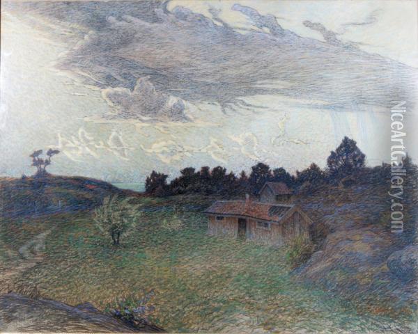 Landskap Med Stugor Oil Painting - Lennart Nyblom