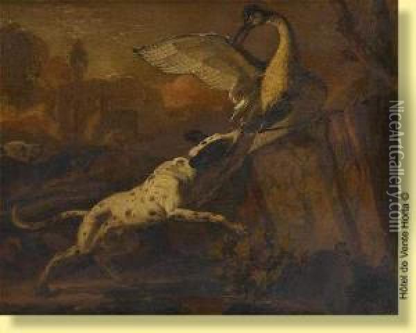 Meute De Chiens Et Heron Oil Painting - Abraham Hondius