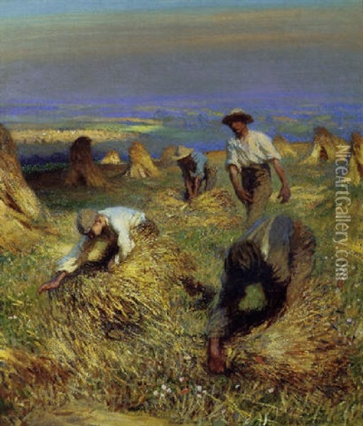 Harvest, Tying The Sheaves Oil Painting - Sir George Clausen