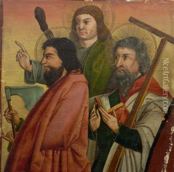 Fragment Of A Predella: The Apostles Matthew, Judas Thaddaus And Philip Oil Painting - Bernhard Strigel