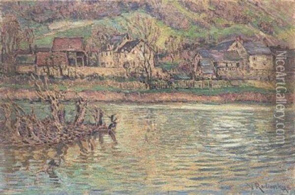 A Riverside Village Oil Painting - Wenzel Radimsky