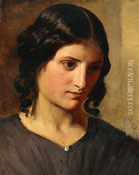 Young Woman With Dark Curls, Presumably Leontine Oil Painting - Anselm Friedrich Feuerbach