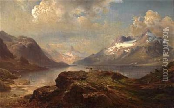 Rensdyr Ved Fjellvann Oil Painting - Magnus Thulstrup Bagge