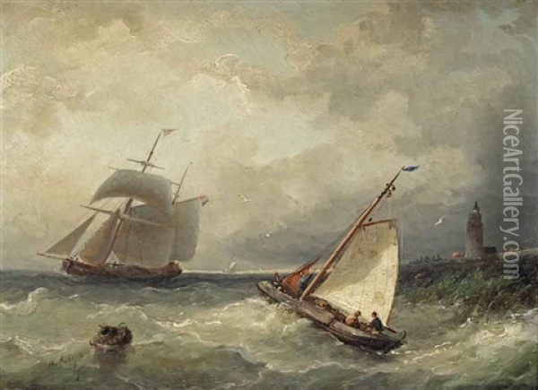 A Stiff Breeze With A Flatboat And A Two-master Near The Dutch Coast Oil Painting - Nicolaas Riegen