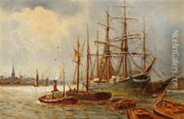 Harbour Scene With Anchoring Ships Oil Painting - William Lionel Wyllie