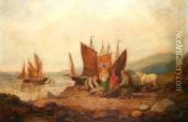 Fisherfolk On The Shore Oil Painting - Snr William Shayer