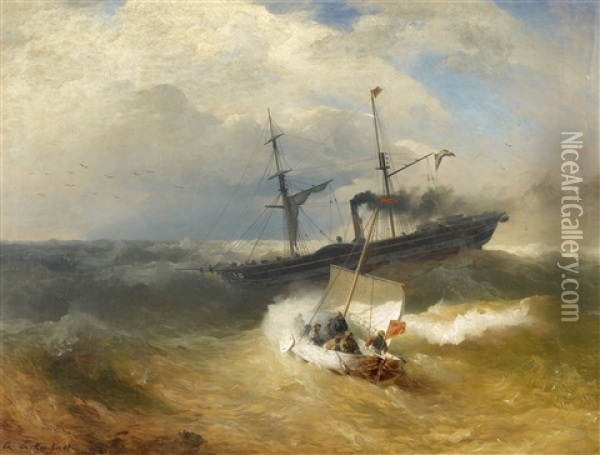 Steam Ship And Sailing Boat In Rough Seas Oil Painting - Andreas Achenbach